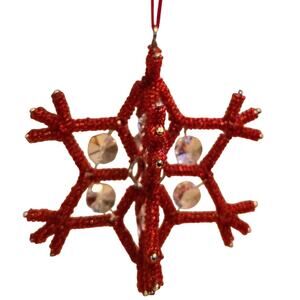 Vintage Handmade Red Beaded Snowflake Ornament 6"